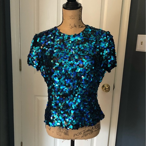 Lawrence Kazar Tops - Lawrence Kazar Blue Silk Sequined Top